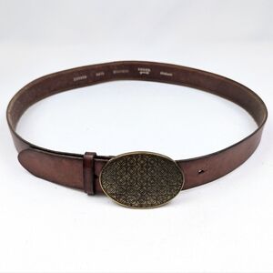 Vintage Fossil Smooth Leather Belt Engraved Oval Brass Buckle Boho Brown Y2K M